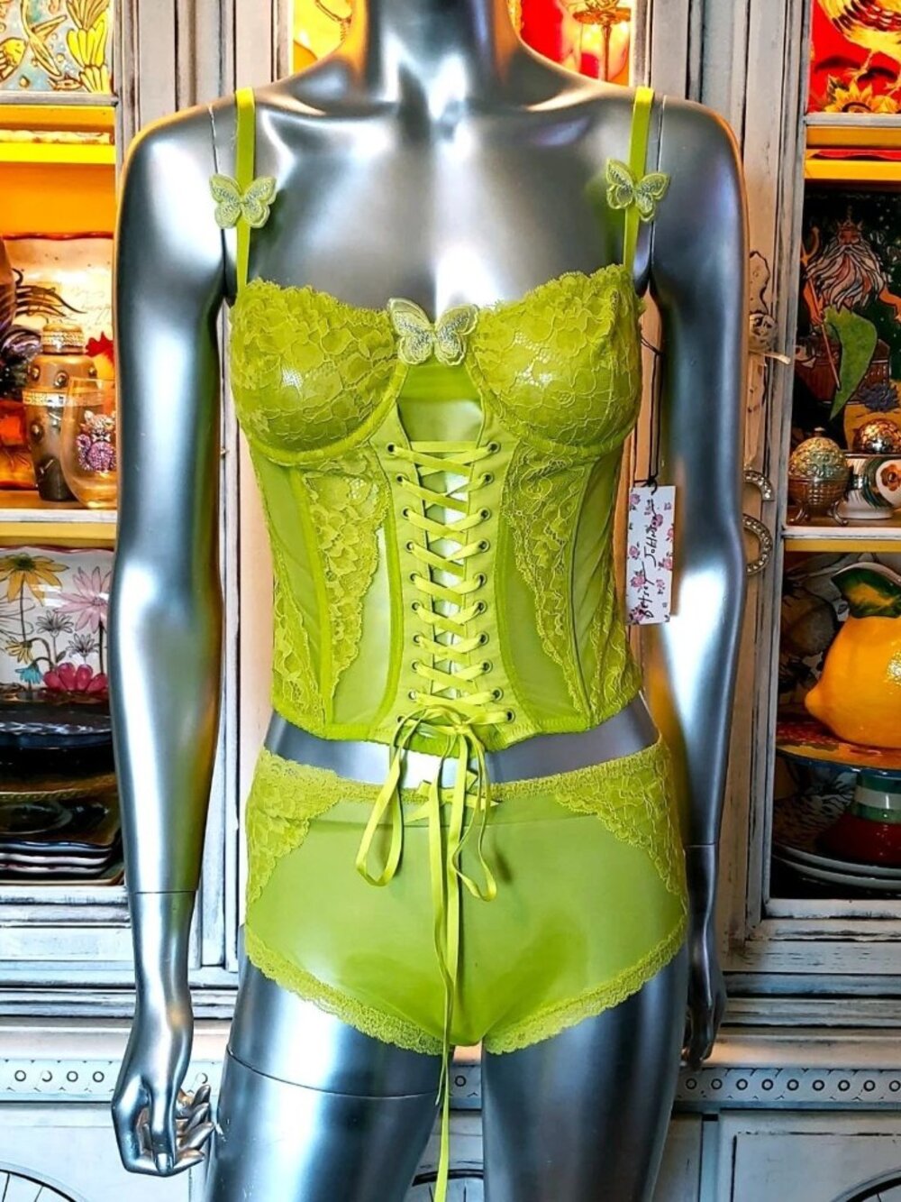Betsey Johnson Corset Dress Top Panties Lingerie Set Green Lace Mesh Butterfly S - Picture 5 of 16